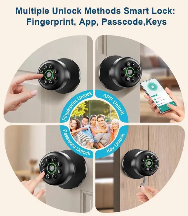 Alt view image 2 of 7 - Fingerprint Door Lock, Smart Fingerprint Door Knob with Keypad, Biometric Door knobs with App Control, Auto Lock Door Lock with Code, Keyless Door Knob with Locks for Bedroom, Home,Office-Matte Black
