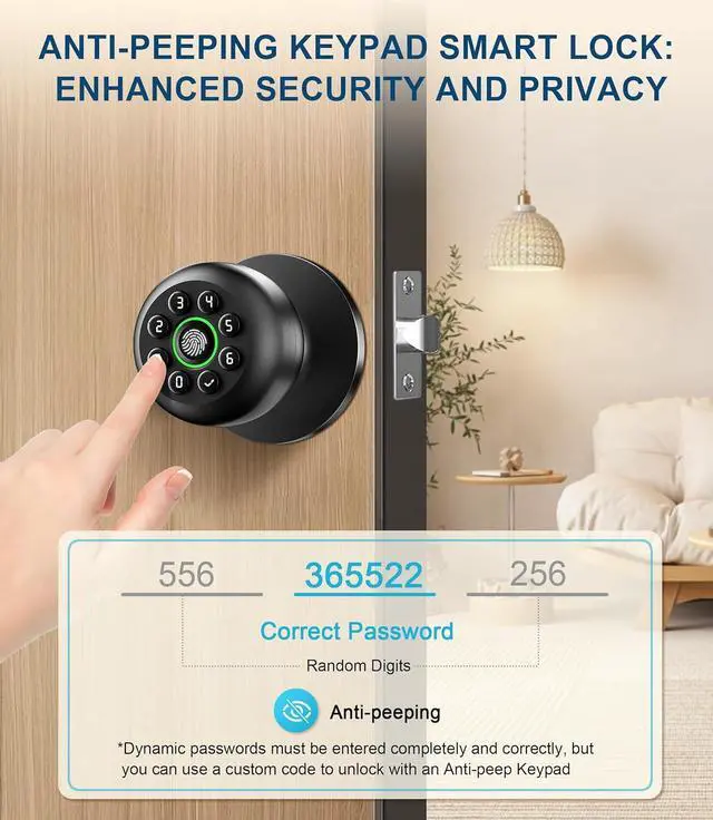 Alt view image 3 of 7 - Fingerprint Door Lock, Smart Fingerprint Door Knob with Keypad, Biometric Door knobs with App Control, Auto Lock Door Lock with Code, Keyless Door Knob with Locks for Bedroom, Home,Office-Matte Black