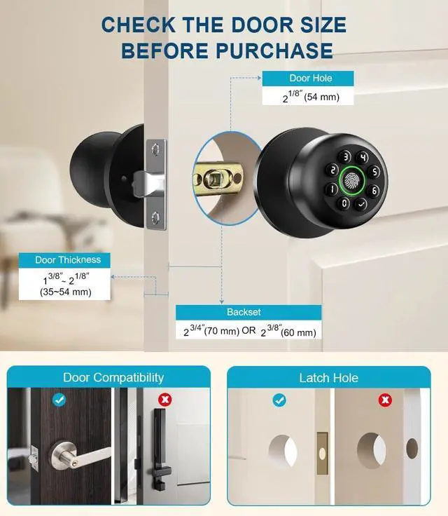 Alt view image 4 of 7 - Fingerprint Door Lock, Smart Fingerprint Door Knob with Keypad, Biometric Door knobs with App Control, Auto Lock Door Lock with Code, Keyless Door Knob with Locks for Bedroom, Home,Office-Matte Black