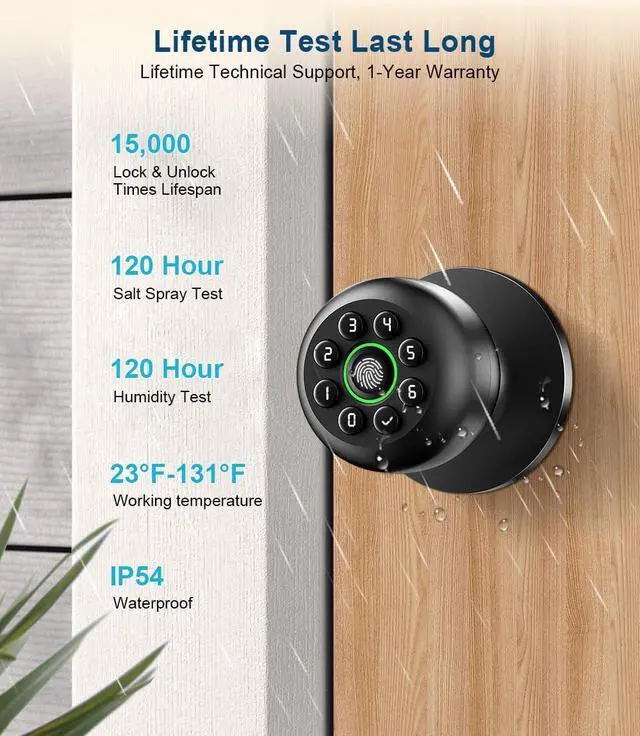 Alt view image 7 of 7 - Fingerprint Door Lock, Smart Fingerprint Door Knob with Keypad, Biometric Door knobs with App Control, Auto Lock Door Lock with Code, Keyless Door Knob with Locks for Bedroom, Home,Office-Matte Black