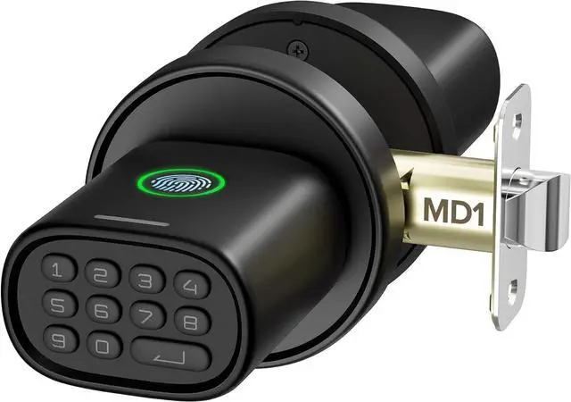 Main image of Keyless Entry Door Lock, Fingerprint Door Lock with Keypad Biometric Door Knob, Auto-Lock for Interior Doors Thickness up to 2-1/4", Bedroom, Home Office, Garage, 4xAA Alkaline, MD1 Black