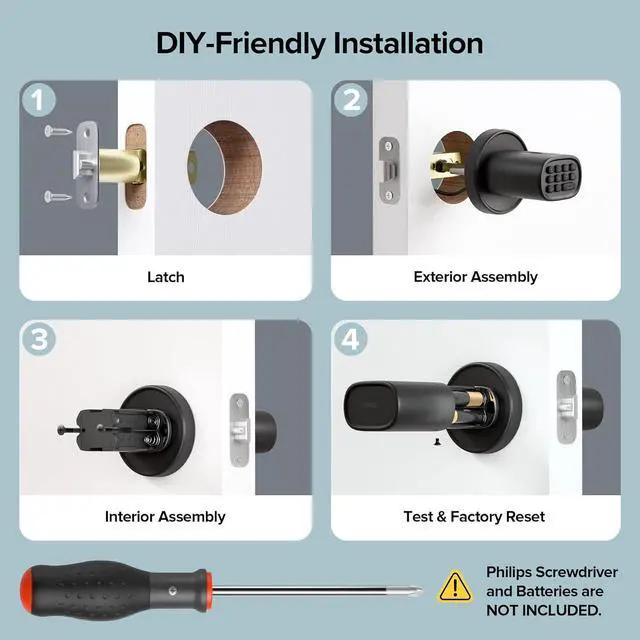 Alt view image 6 of 7 - Keyless Entry Door Lock, Fingerprint Door Lock with Keypad Biometric Door Knob, Auto-Lock for Interior Doors Thickness up to 2-1/4", Bedroom, Home Office, Garage, 4xAA Alkaline, MD1 Black