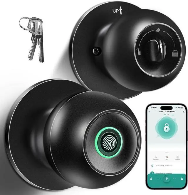 Main image of Fingerprint Door Lock, Smart Fingerprint Door Knob with Lock, Biometric Door knob with App Control & Key, Keyless Thumbprint Entry Door Lock for Bedroom, Front Door, Home, Apartment Office and Garages