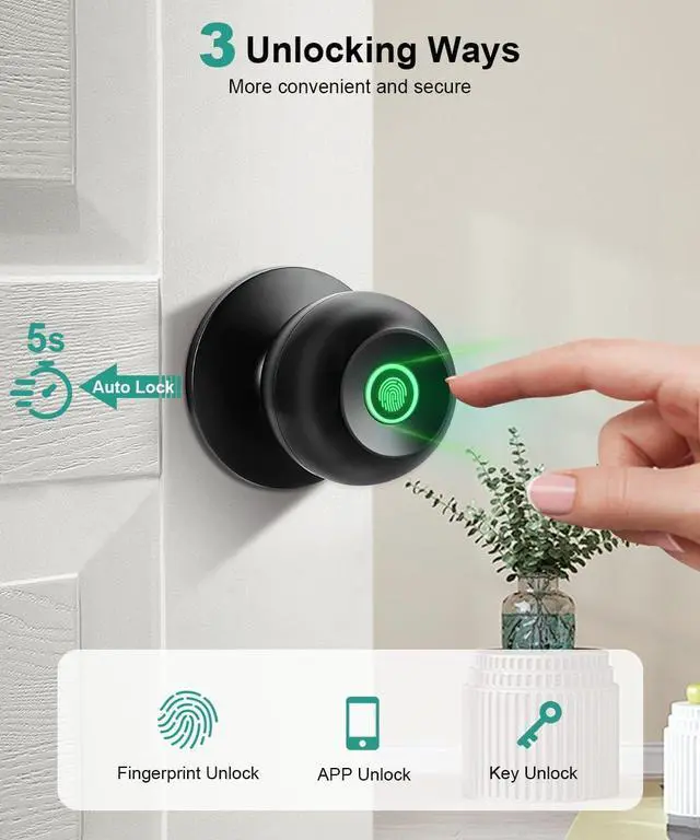 Alt view image 2 of 7 - Fingerprint Door Lock, Smart Fingerprint Door Knob with Lock, Biometric Door knob with App Control & Key, Keyless Thumbprint Entry Door Lock for Bedroom, Front Door, Home, Apartment Office and Garages