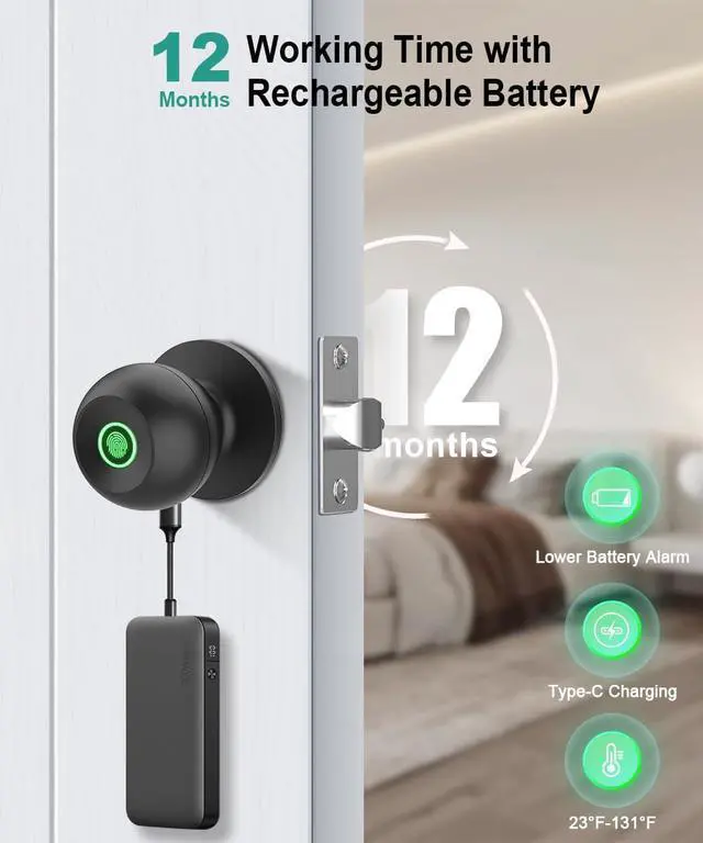 Alt view image 4 of 7 - Fingerprint Door Lock, Smart Fingerprint Door Knob with Lock, Biometric Door knob with App Control & Key, Keyless Thumbprint Entry Door Lock for Bedroom, Front Door, Home, Apartment Office and Garages