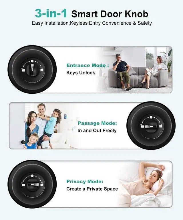 Alt view image 7 of 7 - Fingerprint Door Lock, Smart Fingerprint Door Knob with Lock, Biometric Door knob with App Control & Key, Keyless Thumbprint Entry Door Lock for Bedroom, Front Door, Home, Apartment Office and Garages