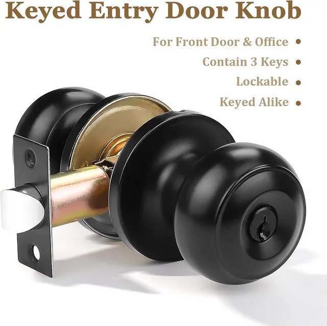 Alt view image 2 of 7 - (6 Pack) Black Round Entry Door Knobs Keyed Alike, Exterior/Interior Door Handles Bedroom Bathroom/Front/Offic Doors, Door Lock with Locks and 3 Combo Keys Lock Security