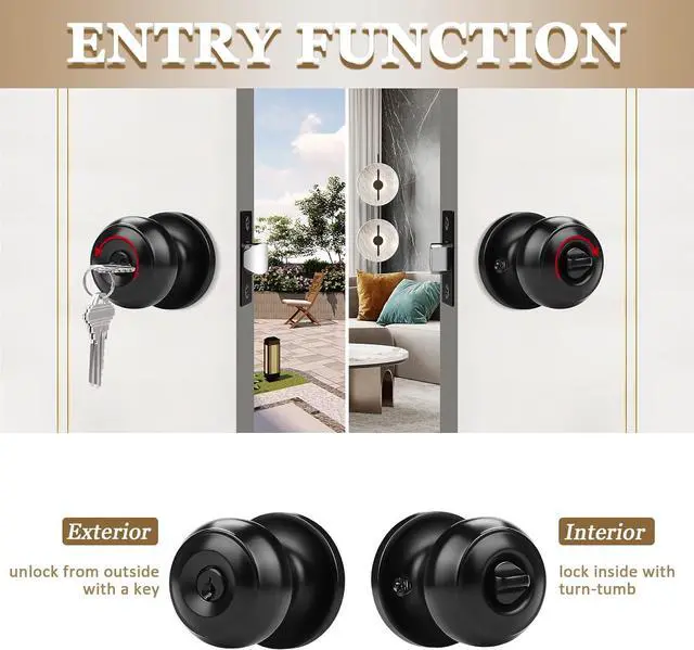 Alt view image 3 of 7 - (6 Pack) Black Round Entry Door Knobs Keyed Alike, Exterior/Interior Door Handles Bedroom Bathroom/Front/Offic Doors, Door Lock with Locks and 3 Combo Keys Lock Security