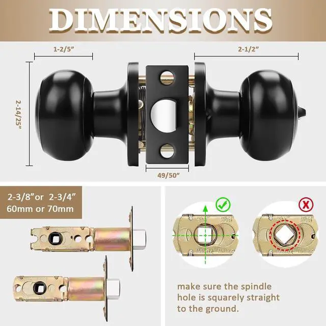 Alt view image 5 of 7 - (6 Pack) Black Round Entry Door Knobs Keyed Alike, Exterior/Interior Door Handles Bedroom Bathroom/Front/Offic Doors, Door Lock with Locks and 3 Combo Keys Lock Security