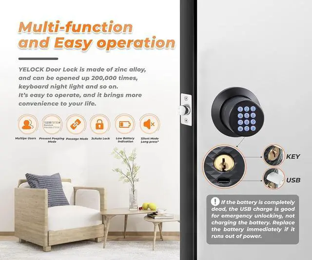 Alt view image 2 of 7 - Keypad Door Knob Lock, Keyless Entry Door Knob with Anti-Slip Handle, Auto Lock, Waterproof Electronic Black Door Knob, Safe and Easy Installation for Home, Office, Hotel and Garage