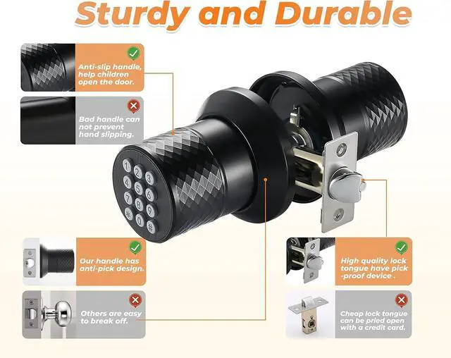 Alt view image 4 of 7 - Keypad Door Knob Lock, Keyless Entry Door Knob with Anti-Slip Handle, Auto Lock, Waterproof Electronic Black Door Knob, Safe and Easy Installation for Home, Office, Hotel and Garage