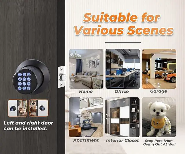 Alt view image 7 of 7 - Keypad Door Knob Lock, Keyless Entry Door Knob with Anti-Slip Handle, Auto Lock, Waterproof Electronic Black Door Knob, Safe and Easy Installation for Home, Office, Hotel and Garage