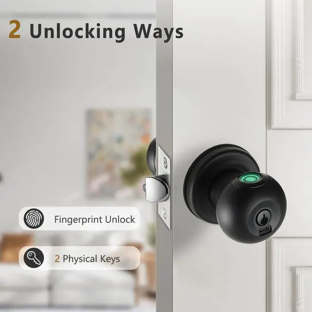 Alt view image 3 of 7 - Fingerprint Door Lock, Smart Fingerprint Door Knob with Lock, Biometric Black Door Lock, Keyless Thumbprint Entry Door Lock for Bedrooms, Hotels, Apartments, Offices and Garages
