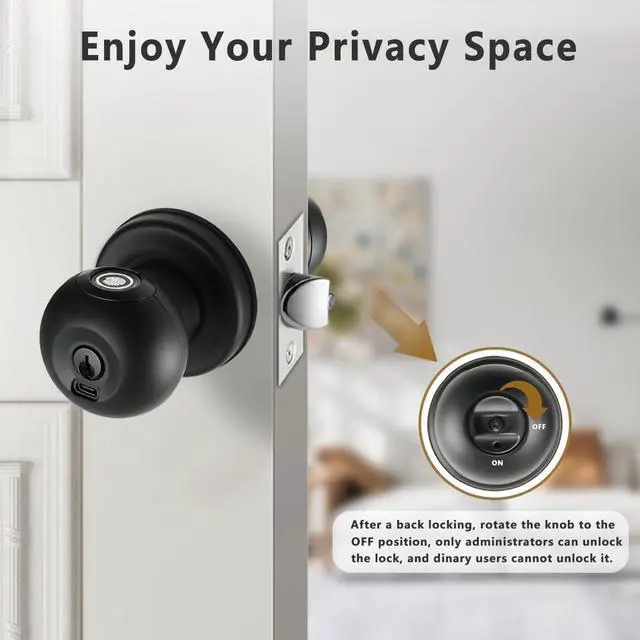 Alt view image 5 of 7 - Fingerprint Door Lock, Smart Fingerprint Door Knob with Lock, Biometric Black Door Lock, Keyless Thumbprint Entry Door Lock for Bedrooms, Hotels, Apartments, Offices and Garages