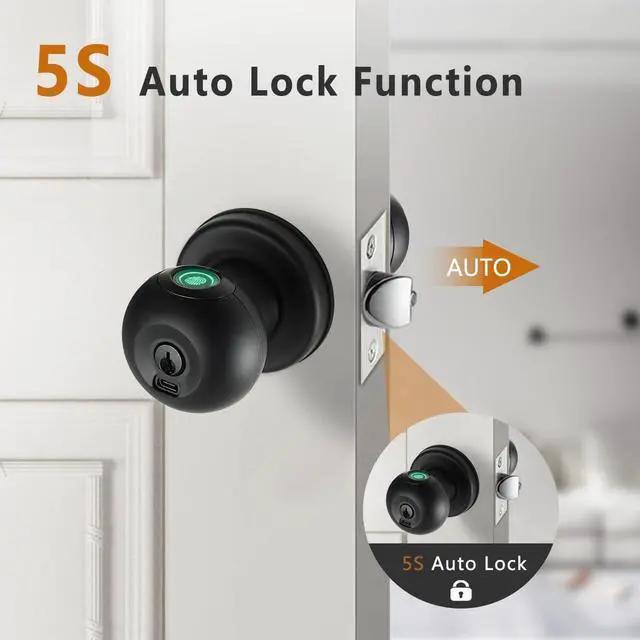 Alt view image 6 of 7 - Fingerprint Door Lock, Smart Fingerprint Door Knob with Lock, Biometric Black Door Lock, Keyless Thumbprint Entry Door Lock for Bedrooms, Hotels, Apartments, Offices and Garages