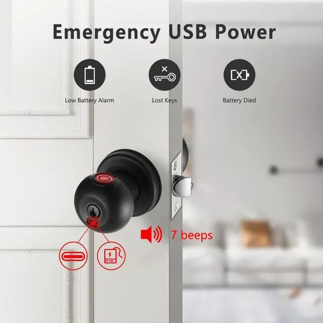 Alt view image 7 of 7 - Fingerprint Door Lock, Smart Fingerprint Door Knob with Lock, Biometric Black Door Lock, Keyless Thumbprint Entry Door Lock for Bedrooms, Hotels, Apartments, Offices and Garages