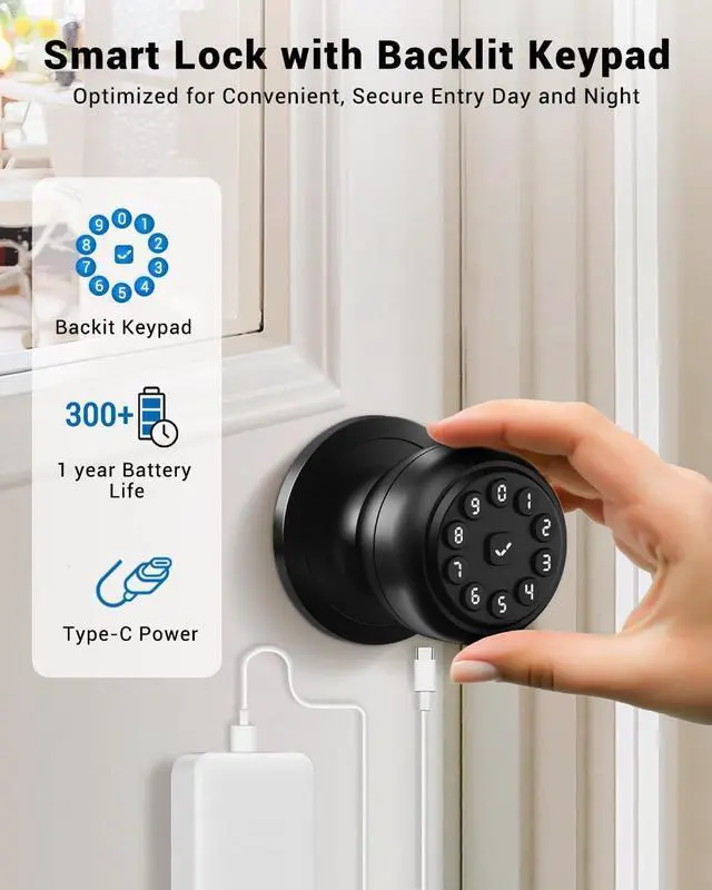 Alt view image 4 of 7 - Keypad Smart Door Knob Lock, Keyless Entry Door Lock with Handle - Auto Lock for Front Door - Electrionic Code Door Lock for Bedrooms, Home Office, Garage, Apartment - Easy Installation