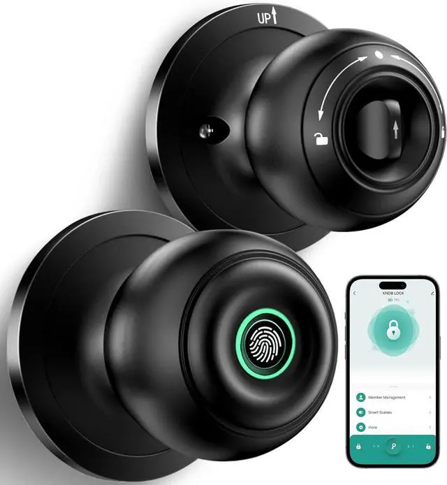 Main image of Fingerprint Door Lock, Smart Fingerprint Door Knob with Lock, Biometric Door knob with App Control & Key, Keyless Thumbprint Entry Door Lock for Bedroom, Front Door, Home, Apartment Office-Matte Black