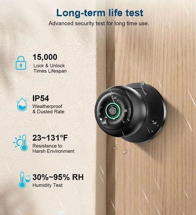 Alt view image 3 of 7 - Fingerprint Door Lock, Smart Fingerprint Door Knob with Lock, Biometric Door knob with App Control & Key, Keyless Thumbprint Entry Door Lock for Bedroom, Front Door, Home, Apartment Office-Matte Black