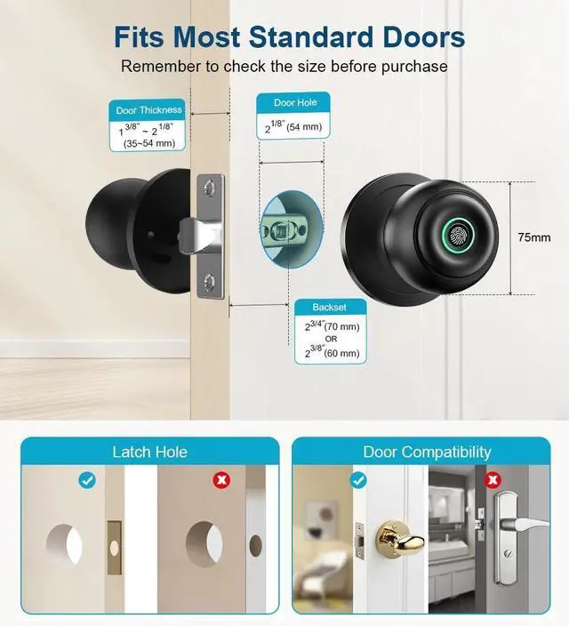 Alt view image 5 of 7 - Fingerprint Door Lock, Smart Fingerprint Door Knob with Lock, Biometric Door knob with App Control & Key, Keyless Thumbprint Entry Door Lock for Bedroom, Front Door, Home, Apartment Office-Matte Black