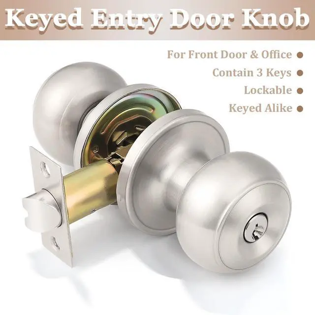 Alt view image 2 of 7 - Probrico (5 Pack) Satin Nickel Round Entry Door Knobs Keyed Alike, Exterior/Interior Door Handles Bedroom Bathroom/Front/Offic Doors, Door Lock with Locks and 3 Combo Keys Lock Security