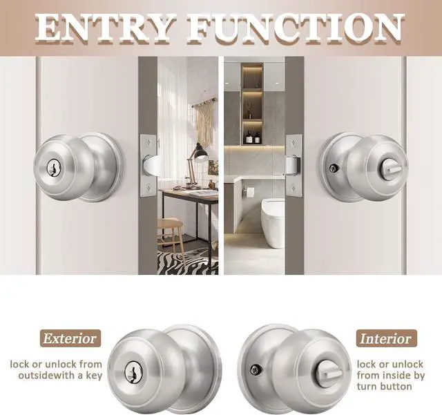 Alt view image 4 of 7 - Probrico (5 Pack) Satin Nickel Round Entry Door Knobs Keyed Alike, Exterior/Interior Door Handles Bedroom Bathroom/Front/Offic Doors, Door Lock with Locks and 3 Combo Keys Lock Security
