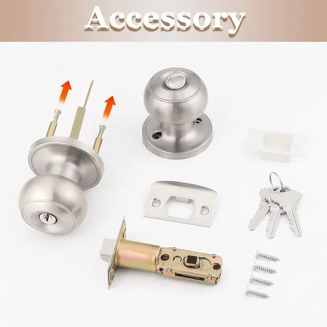 Alt view image 6 of 7 - Probrico (5 Pack) Satin Nickel Round Entry Door Knobs Keyed Alike, Exterior/Interior Door Handles Bedroom Bathroom/Front/Offic Doors, Door Lock with Locks and 3 Combo Keys Lock Security