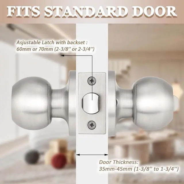 Alt view image 3 of 7 - Probrico3 Pack Entry Door Knob Keyed Alike,Satin Nickel Finish Door Lock Handle,Entry Door Lock/Ball Door knobs with Lock and Same Key,Entrance Knob[Lock with 3 Combo Keys] for Office or Front Door