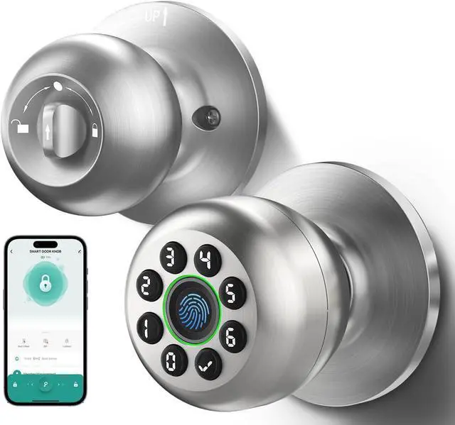 Main image of Keypad Smart Door Knob Lock, Fingerprint Keyless Entry Door Lock with Handle for Front Door and Bedroom, Electrionic Biometric Code Door Knob with APP, Auto Lock for Home Office Apartment Garage