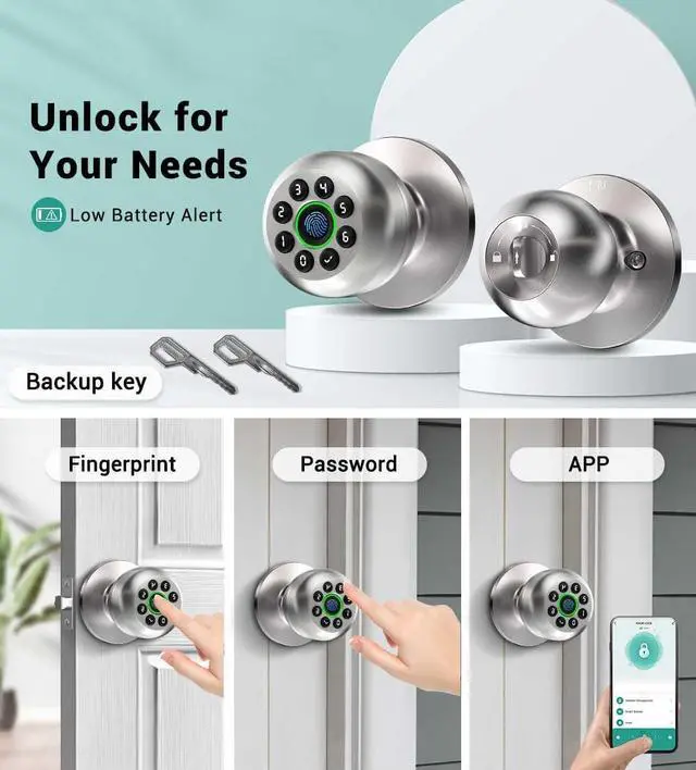Alt view image 2 of 7 - Keypad Smart Door Knob Lock, Fingerprint Keyless Entry Door Lock with Handle for Front Door and Bedroom, Electrionic Biometric Code Door Knob with APP, Auto Lock for Home Office Apartment Garage