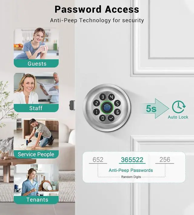 Alt view image 3 of 7 - Keypad Smart Door Knob Lock, Fingerprint Keyless Entry Door Lock with Handle for Front Door and Bedroom, Electrionic Biometric Code Door Knob with APP, Auto Lock for Home Office Apartment Garage