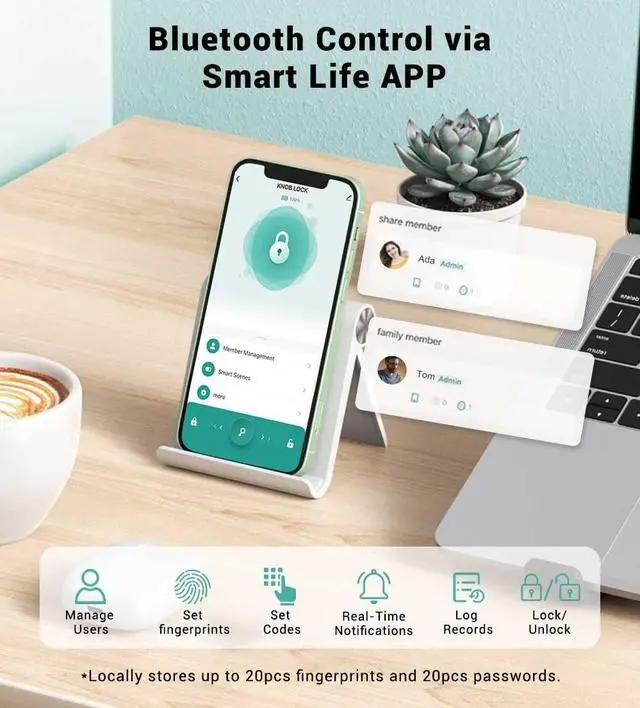 Alt view image 4 of 7 - Keypad Smart Door Knob Lock, Fingerprint Keyless Entry Door Lock with Handle for Front Door and Bedroom, Electrionic Biometric Code Door Knob with APP, Auto Lock for Home Office Apartment Garage