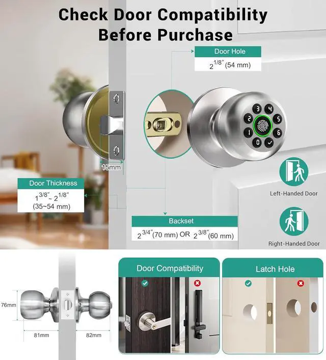 Alt view image 5 of 7 - Keypad Smart Door Knob Lock, Fingerprint Keyless Entry Door Lock with Handle for Front Door and Bedroom, Electrionic Biometric Code Door Knob with APP, Auto Lock for Home Office Apartment Garage