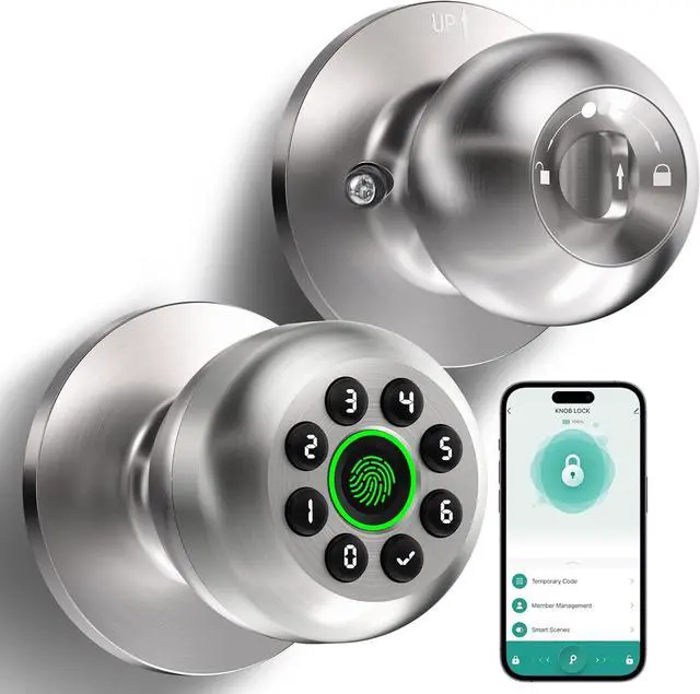 Main image of Fingerprint Door Lock, Smart Fingerprint Door Knob with Keypad, Biometric Door Lock with App Control, Auto Lock Door Lock with Code, Keyless Door Knob with Lock for Bedroom, Home,Office-Satin Nickel