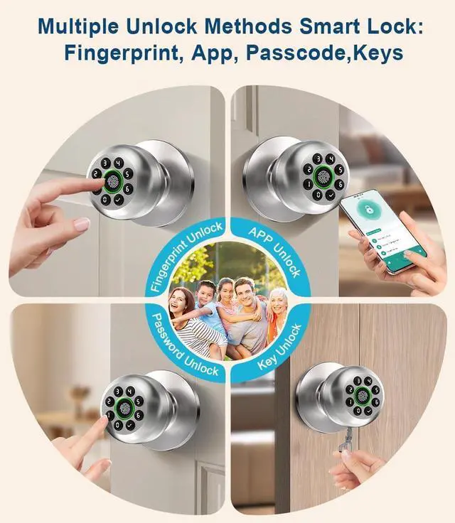 Alt view image 2 of 7 - Fingerprint Door Lock, Smart Fingerprint Door Knob with Keypad, Biometric Door Lock with App Control, Auto Lock Door Lock with Code, Keyless Door Knob with Lock for Bedroom, Home,Office-Satin Nickel
