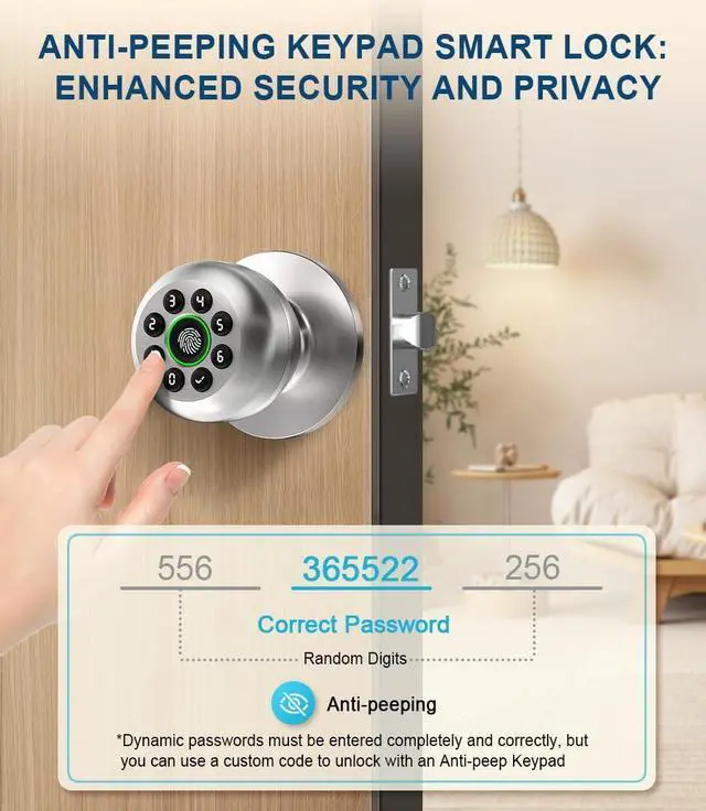 Alt view image 4 of 7 - Fingerprint Door Lock, Smart Fingerprint Door Knob with Keypad, Biometric Door Lock with App Control, Auto Lock Door Lock with Code, Keyless Door Knob with Lock for Bedroom, Home,Office-Satin Nickel