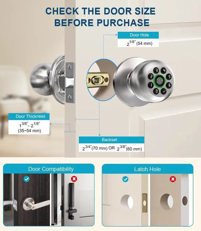 Alt view image 5 of 7 - Fingerprint Door Lock, Smart Fingerprint Door Knob with Keypad, Biometric Door Lock with App Control, Auto Lock Door Lock with Code, Keyless Door Knob with Lock for Bedroom, Home,Office-Satin Nickel