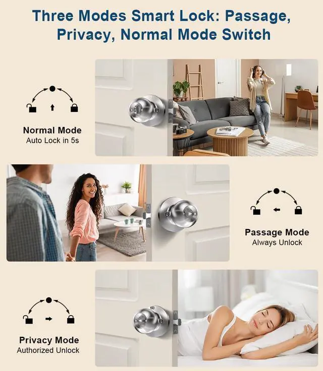 Alt view image 6 of 7 - Fingerprint Door Lock, Smart Fingerprint Door Knob with Keypad, Biometric Door Lock with App Control, Auto Lock Door Lock with Code, Keyless Door Knob with Lock for Bedroom, Home,Office-Satin Nickel