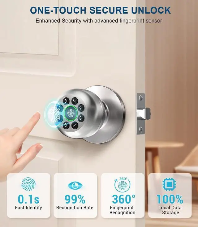 Alt view image 7 of 7 - Fingerprint Door Lock, Smart Fingerprint Door Knob with Keypad, Biometric Door Lock with App Control, Auto Lock Door Lock with Code, Keyless Door Knob with Lock for Bedroom, Home,Office-Satin Nickel