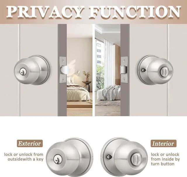 Alt view image 4 of 7 - Probrico3 Pack Entry Door Knob Keyed Alike,Satin Nickel Finish Door Lock Handle,Entry Door Lock/Ball Door knobs with Lock and Same Key,Entrance Knob[Lock with 3 Combo Keys] for Office or Front Door