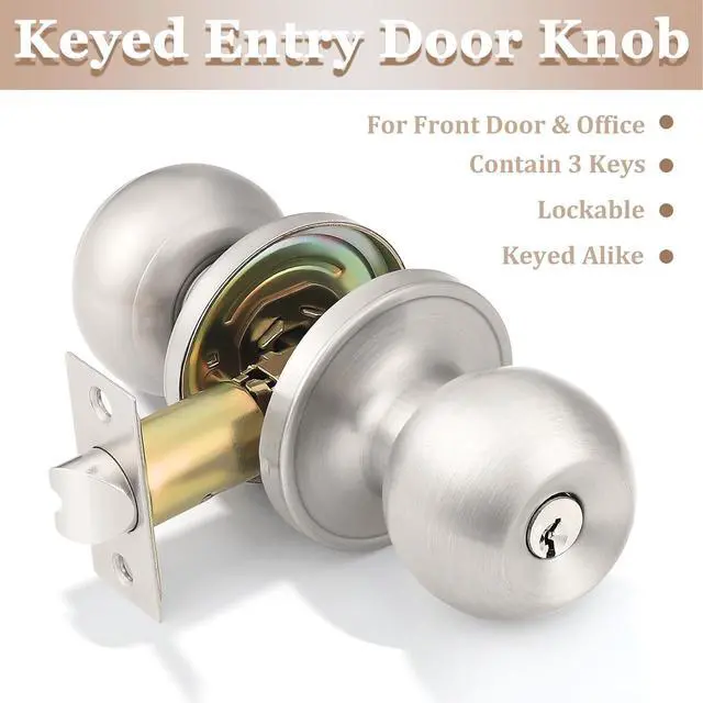 Alt view image 2 of 7 - Probrico3 Pack Entry Door Knob Keyed Alike,Satin Nickel Finish Door Lock Handle,Entry Door Lock/Ball Door knobs with Lock and Same Key,Entrance Knob[Lock with 3 Combo Keys] for Office or Front Door