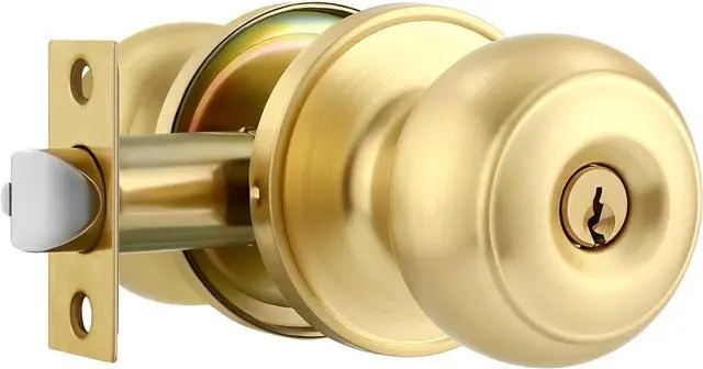 Main image of 1 Pack Gold Ball Door Knob, Satin Brass Round Front Door Handle Gold Entry Door Lock for Right or Left Handed Doors