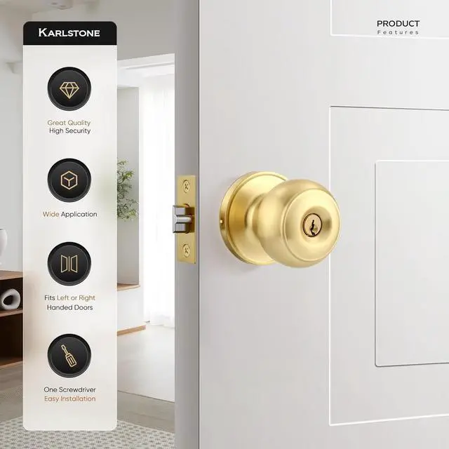 Alt view image 3 of 7 - 1 Pack Gold Ball Door Knob, Satin Brass Round Front Door Handle Gold Entry Door Lock for Right or Left Handed Doors