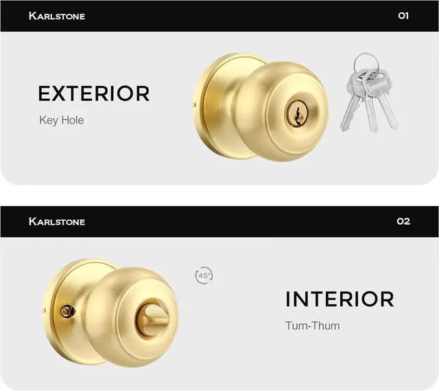 Alt view image 4 of 7 - 1 Pack Gold Ball Door Knob, Satin Brass Round Front Door Handle Gold Entry Door Lock for Right or Left Handed Doors