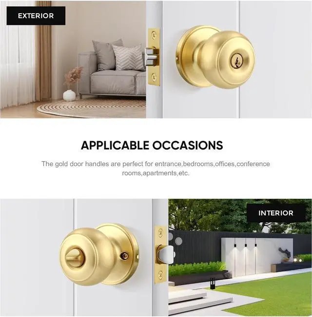 Alt view image 2 of 7 - 1 Pack Gold Ball Door Knob, Satin Brass Round Front Door Handle Gold Entry Door Lock for Right or Left Handed Doors