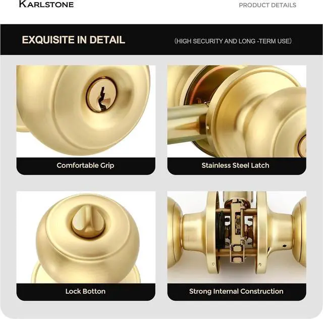 Alt view image 5 of 7 - 1 Pack Gold Ball Door Knob, Satin Brass Round Front Door Handle Gold Entry Door Lock for Right or Left Handed Doors