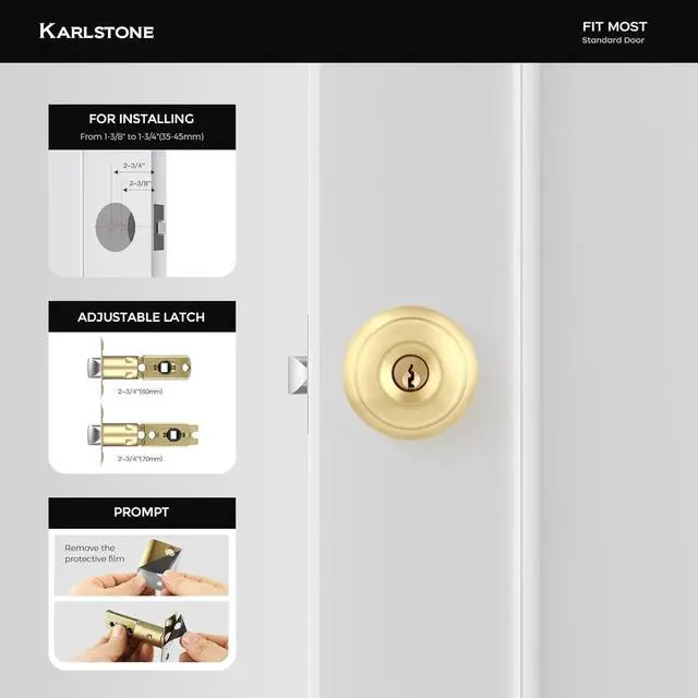 Alt view image 6 of 7 - 1 Pack Gold Ball Door Knob, Satin Brass Round Front Door Handle Gold Entry Door Lock for Right or Left Handed Doors