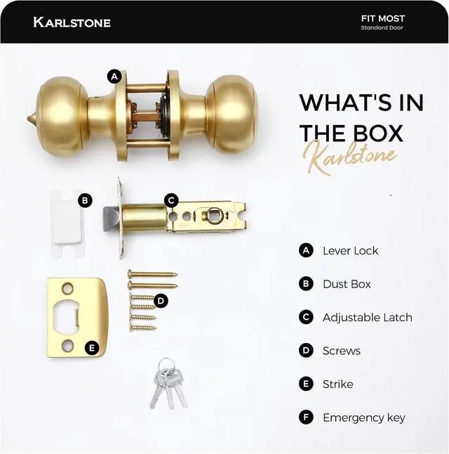 Alt view image 7 of 7 - 1 Pack Gold Ball Door Knob, Satin Brass Round Front Door Handle Gold Entry Door Lock for Right or Left Handed Doors