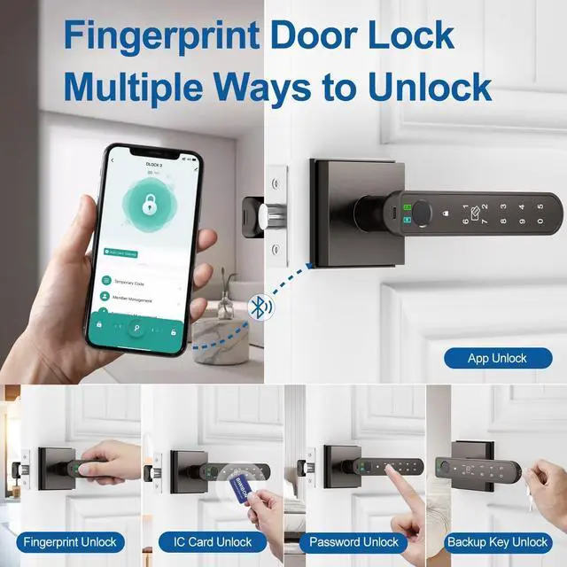 Alt view image 2 of 7 - Fingerprint Door Lock, 5 in 1 Finger Print Door Knob with Smart APP/Fingerprint/IC Cards/Password/Backup Keys, Smart Door Knob with Keypad for Bedroom, Office, Apartment, Starry Grey