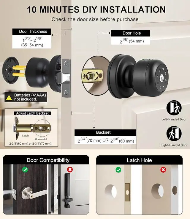 Alt view image 6 of 7 - Smart Keypad Door Lock with Handle, Fingerprint Door knobs with Lock, Auto Door Lock with Code and App, Keyless Biometric Door Knob for Bedroom, Front Door, Smart Home, Apartment, Local Data Storage